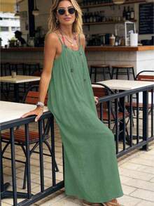 Women Sleeveless Spaghetti Strap Dress Summer Solid Color Backless Loose Long Lounge Dresses - Green - View 1