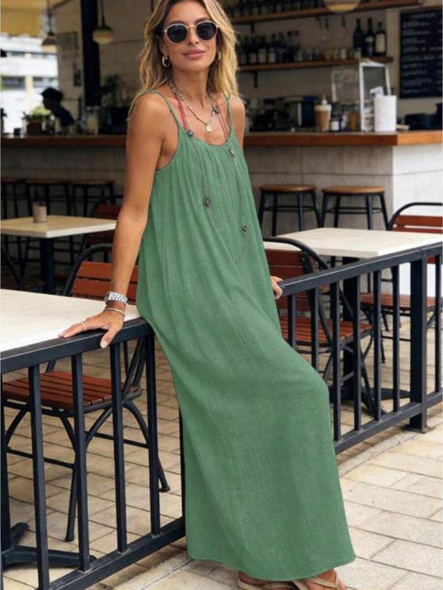Women Sleeveless Spaghetti Strap Dress Summer Solid Color Backless Loose Long Lounge Dresses - Green - View 1