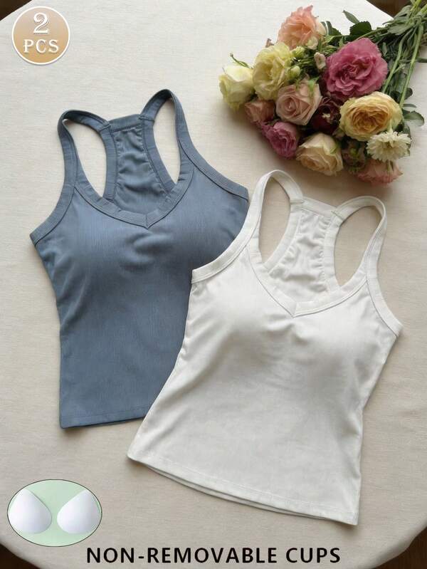 Set de 2 tops de tirantes de verano para mujer, camisetas básicas de unicolor ajustadas con almohadillas en el pecho