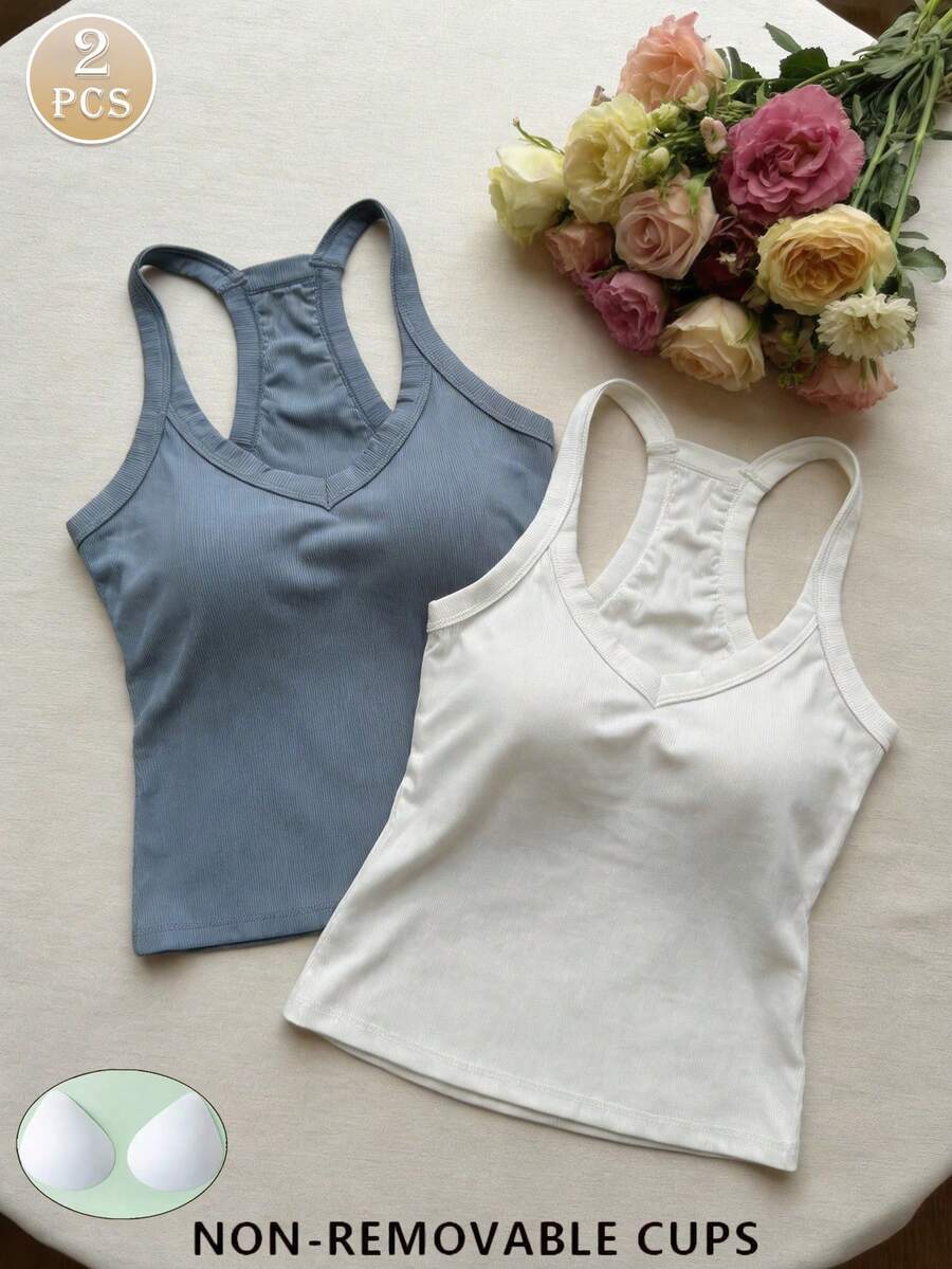 2件套女士夏季吊带背心，修身纯色基础款吊带背心，带胸垫 - 彩色 - 查看 1