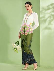1pc Floral Print Elegant Nyonya Kebaya Skirt For Women, Green Skirt (Top Not Included), Spring/Summer - Dark Green - View 7