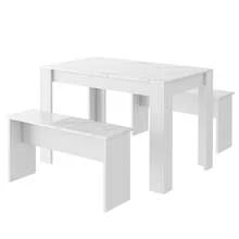 Flieks Dining Table With 2 Benches Dining Table Set For Kitchen, Dining Room, Small Space Artificial Marble - White - View 3