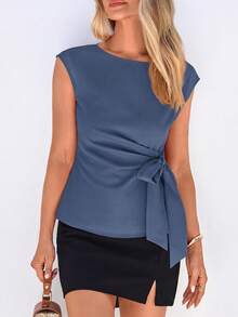 Women Summer Tops Cap Sleeve Crew Neck Tie Waist Shirt Spring Casual Business Work Blouses Clothes - 灰藍色 - 查看 5