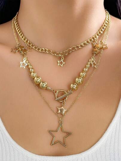 3 piezas Collar multicapa de estilo bohemio de verano con estrella de perlas falsas, adecuado para playa, viaje, decoración diaria de mujer, combinación de atuendos, citas, fiestas, regalo de vacaciones