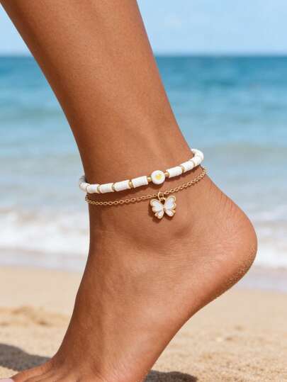 Set de 2 piezas de tobillera elegante y delicada de estilo bohemio con colgante de corazón y mariposa de cerámica de colores mixtos, adecuada para uso diario casual, fiestas y festivales de música