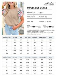 Acelitt Women's Khaki Round Neck Fitted Ruffle Colorful Floral Cuff Short Sleeve T-Shirt, Fashionable And Stylish For Summer - Khaki - View 4