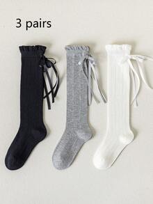 1/3 Pairs Minimalist Spring/Summer Girls Lace Bow Mid-Calf Socks, Versatile Breathable Sweet Cute Princess Leg Warmers, Casual Daily/School Wear - Multicolor - View 14