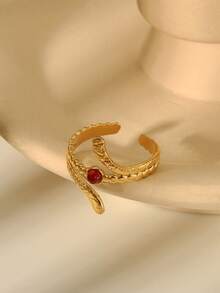 1pc 18K Gold Plated Stainless Steel Vintage Gold Natural Stone Geometric Pattern Open Ring, Bohemian Style, Inlaid Turquoise, Suitable For Daily, Holiday, Wedding, Party, Birthday, Gathering, Party Wear Decoration, Jewelry Gift For Friends And Besties - Gold - View 3