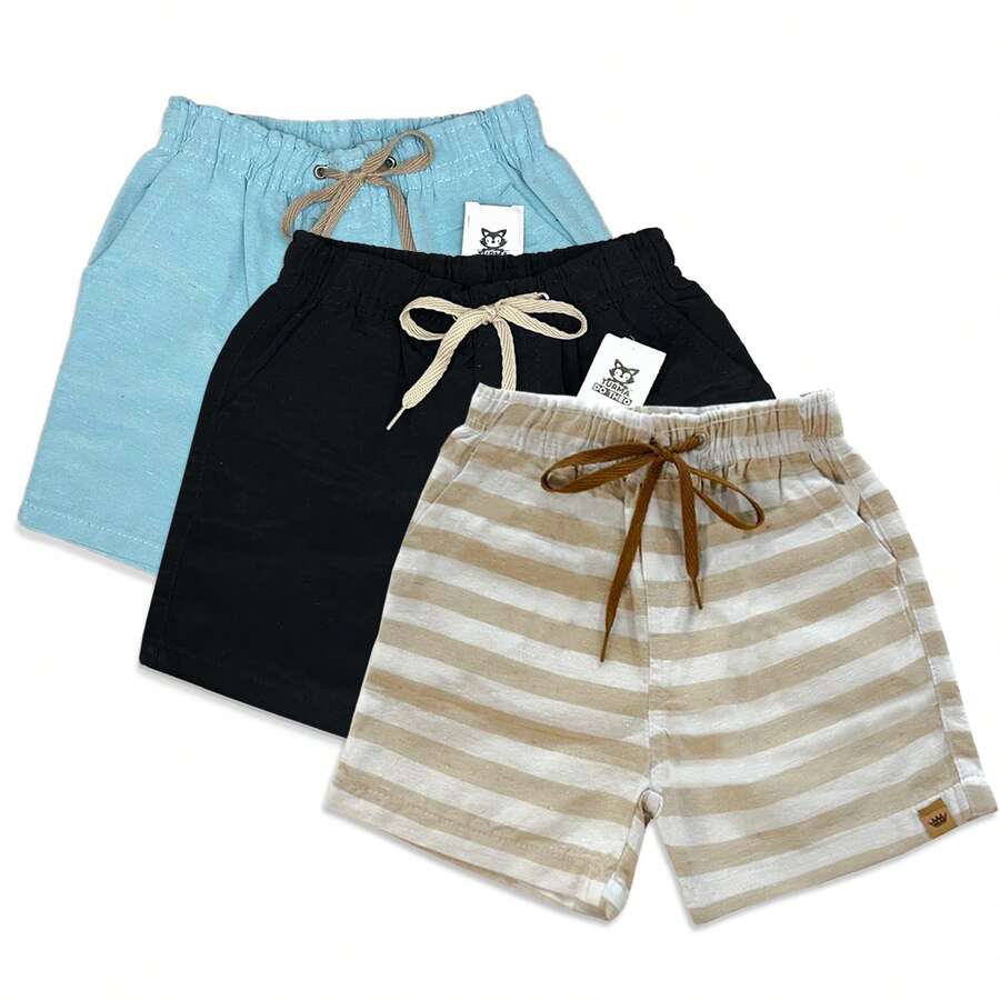 Set Of 3 Premium Linen Shorts For Children And Teens, Bermuda Style, Sizes 2-16 - Khaki - View 1