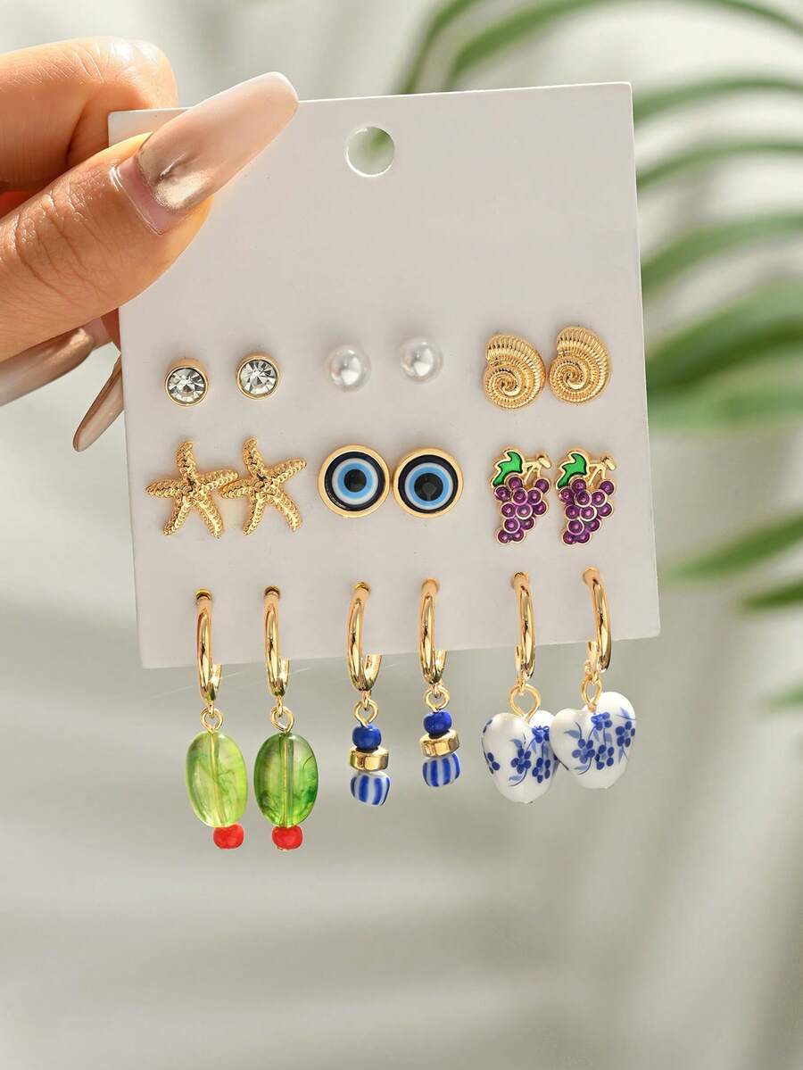 Bộ 9 đôi bông tai phong cách Bohemian mùa hè, nhiều họa tiết, hình sao biển, vỏ sò, trái tim, mắt quỷ, bông tai xếp lớp tinh tế và thanh lịch dành cho nữ, thích hợp đeo hàng ngày hoặc đi nghỉ mát. - Nhiều màu - Xem 1