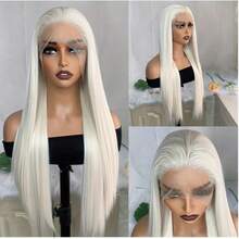13*4 Lace Synthetic Wigs Platinum Blonde Long Straight Heat Resistant Hair Wig For 30 Inch 150% Density - Silver - View 9
