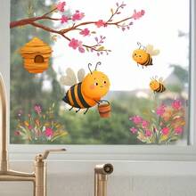 Spring Summer Branch Bee Decoration Window Stickers, With Small Bee Honey Jar Flowers And Branch Flowers Pattern Design Window Decals, Self-Adhesive Removable PVC Stickers, Single Use, For Home Living Room Bedroom Wall Window Decor - A - View 4