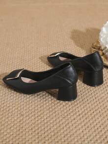 Women's Square Toe Block Heel Slip-On Pumps, Comfortable High Heel Retro Elegant Loafers, Black High Heels - Black - View 2