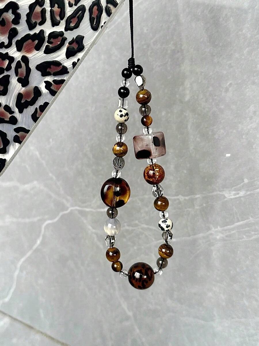 Retro Brown Leopard Print Cat Beaded Phone Lanyard, Elegant Short Wrist Strap Beaded Chain Camera Charm Pendant For Women - 琥珀手機掛繩 - 查看 1