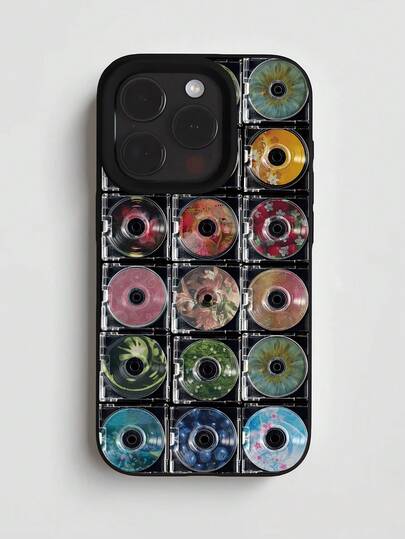 1pc Fashionable Personalized Plant Flower Vinyl Record Collage Artistic Pattern Black Liquid Straight Edge Phone Case Compatible With IPhone 16/16Pro/16Plus/15/15ProMax/15Pro/11/12/13/14ProMax/11Pro/11ProMax/12Pro/12ProMax/13Pro/13ProMax/14Pro/14ProMax, Soft Case, High-End Creative