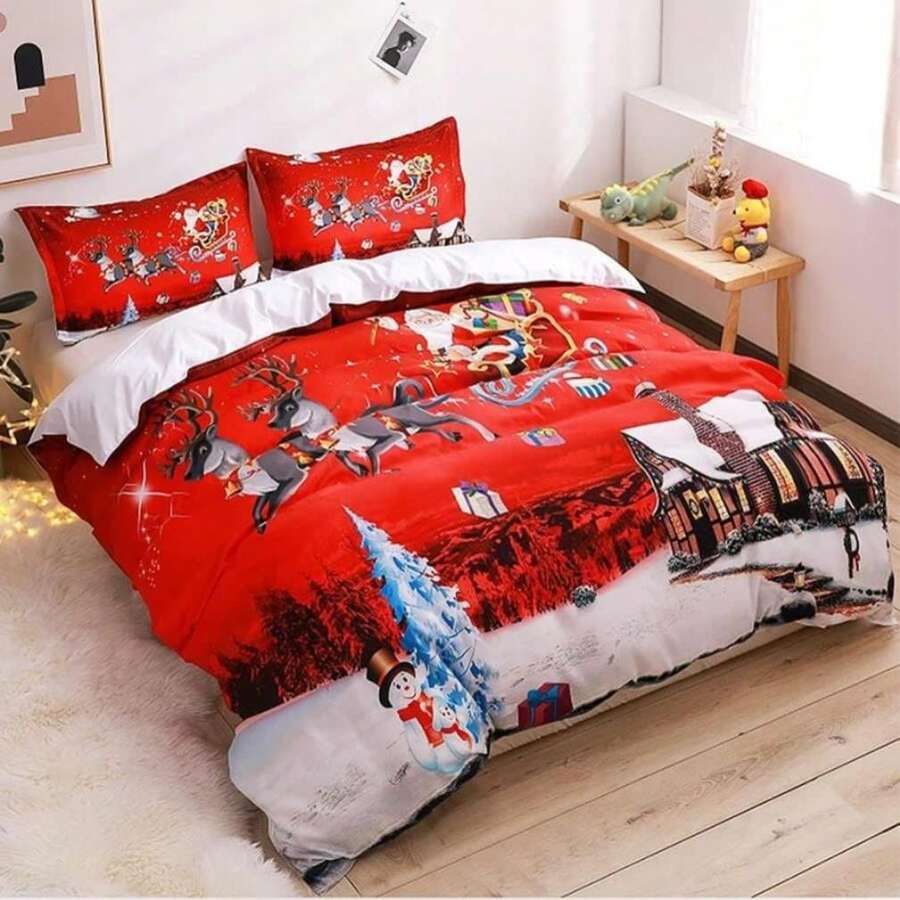 JERYMUND Christmas Duvet Cover Twin Size, Santa Claus Deer Pattern Luxury Bedding Set, Comforter Cover With Zipper - ColorA - View 1