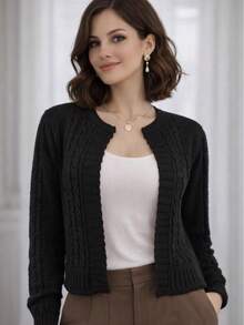 Women's Winter Knit Coat, Open-Knit, No Buttons, Braided Sleeve Detail, Short Cardigan. - màu đen - Xem 3