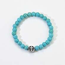 1pc Stone Beaded Cross Element Stretch Bracelet - Black and White - View 7