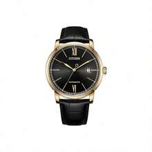 CITIZEN Reloj automático para hombre, caja de oro rosa, correa de cuero negro, números romanos, pantalla de fecha NJ0133-12E - Negro - Ver 1