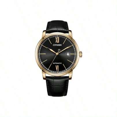 CITIZEN Reloj automático para hombre, caja de oro rosa, correa de cuero negro, números romanos, pantalla de fecha NJ0133-12E