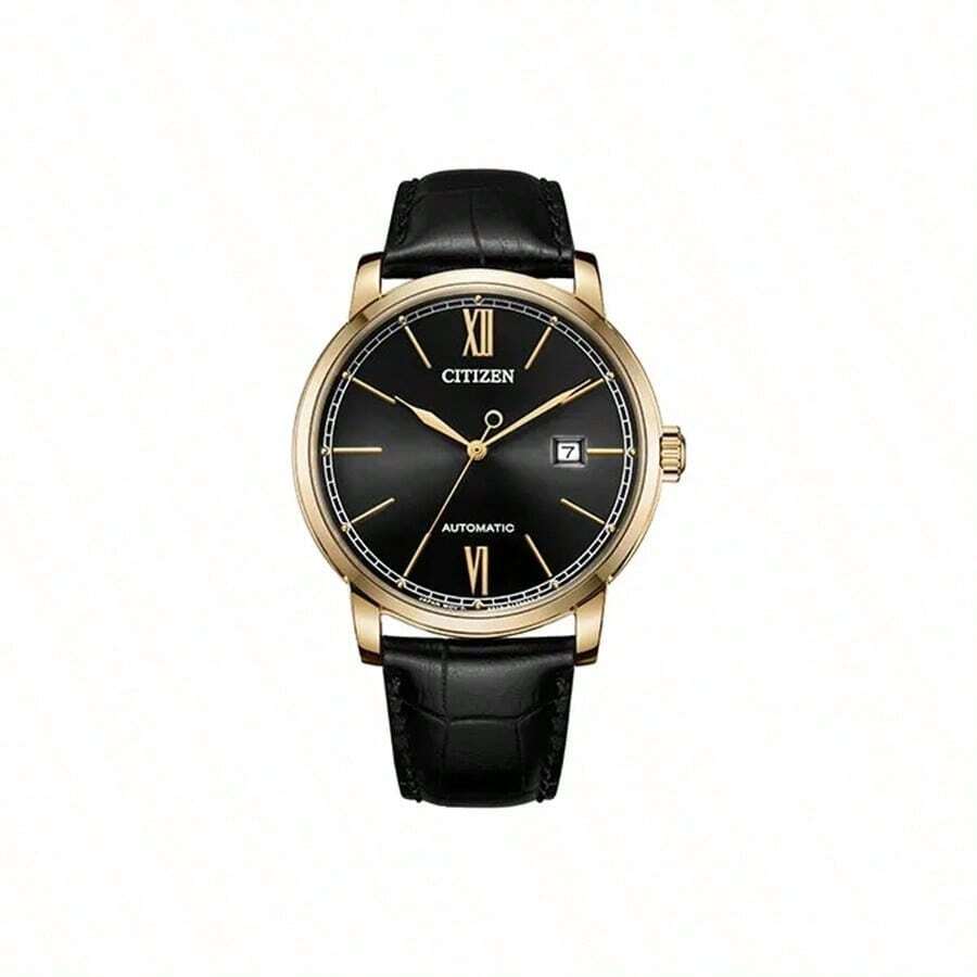 CITIZEN Reloj automático para hombre, caja de oro rosa, correa de cuero negro, números romanos, pantalla de fecha NJ0133-12E - Negro - Ver 1