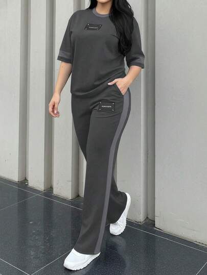 2pcs Women's Spring/Autumn Round Neck Short Sleeve T-Shirt And Elastic Waist Loose Pants Set, Casual Daily Wear