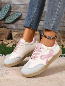 1双女士休闲运动鞋，蝴蝶结装饰，软底系带低帮跑步鞋，休闲运动鞋 - 粉色 - 查看 1