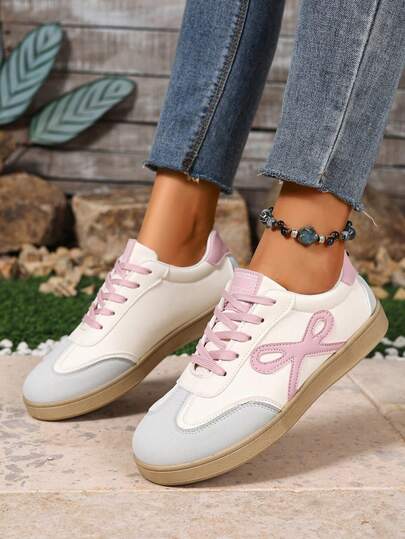 1双女士休闲运动鞋，蝴蝶结装饰，软底系带低帮跑步鞋，休闲运动鞋