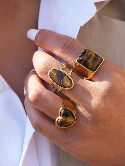 3pcs/1pc Retro Tiger's Eye Stone Ring Set, Gold Plated Chunky Square, Oval & Heart Shape Finger Rings, Fashion Natural Gemstone Statement Jewelry For Women, Suitable For Daily Wear, Office Style, Party & Valentine's Day Gift