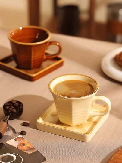 DearDali 1 Set 220ml Vintage Crackle Glaze Handpainted Gold Trim Non-Slip Bottom Microwave High Temperature Ceramic Coffee Cup & Saucer Set, Japanese Retro Style, Milky White Crackle / Brown Crackle Octagonal Cup Body Square Cup & Saucer, Handpainted Vertical Texture Underglaze Decoration, Coffee Cup, Water Cup, Breakfast Cup, Suitable For Daily Home, Afternoon Tea, Cafe, Gift For New Year, Valentine's Day, Housewarming