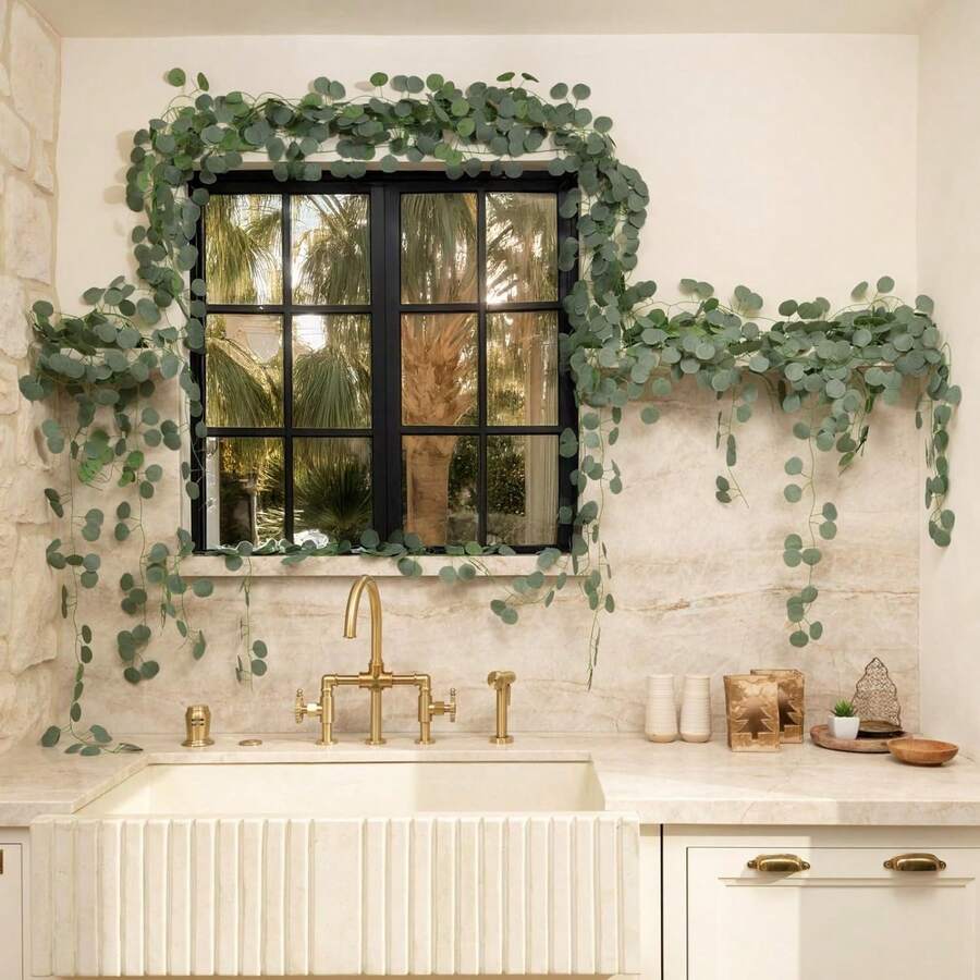 1/12/240pcs Artificial Eucalyptus Wreath, White Flowers, Silver Eucalyptus Leaves & Stars Wreath, Fake Green Plant Vines, Suitable For Wedding, Party, Fireplace, Table Runner, Home Decor, Room Decor, Bathroom Decor, Office Decor, Bedroom Decor, Summer Decor - Green - View 1