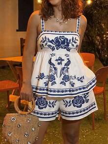 Women's Floral Print Camisole & A-Line Skirt Vacation Set, Fashionable Vacation Outfit Summer - Blue and White - View 1