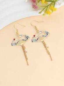 一对中国风创意扇形耳环，几何镂空设计，饰以仿珍珠和小花，优雅别致 - 彩色 - 查看 13