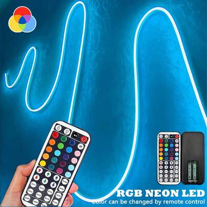 44键遥控RGB LED霓虹灯条，柔性硅胶材质，USB供电，适用于圣诞装饰、客厅、卧室照明和墙面DIY