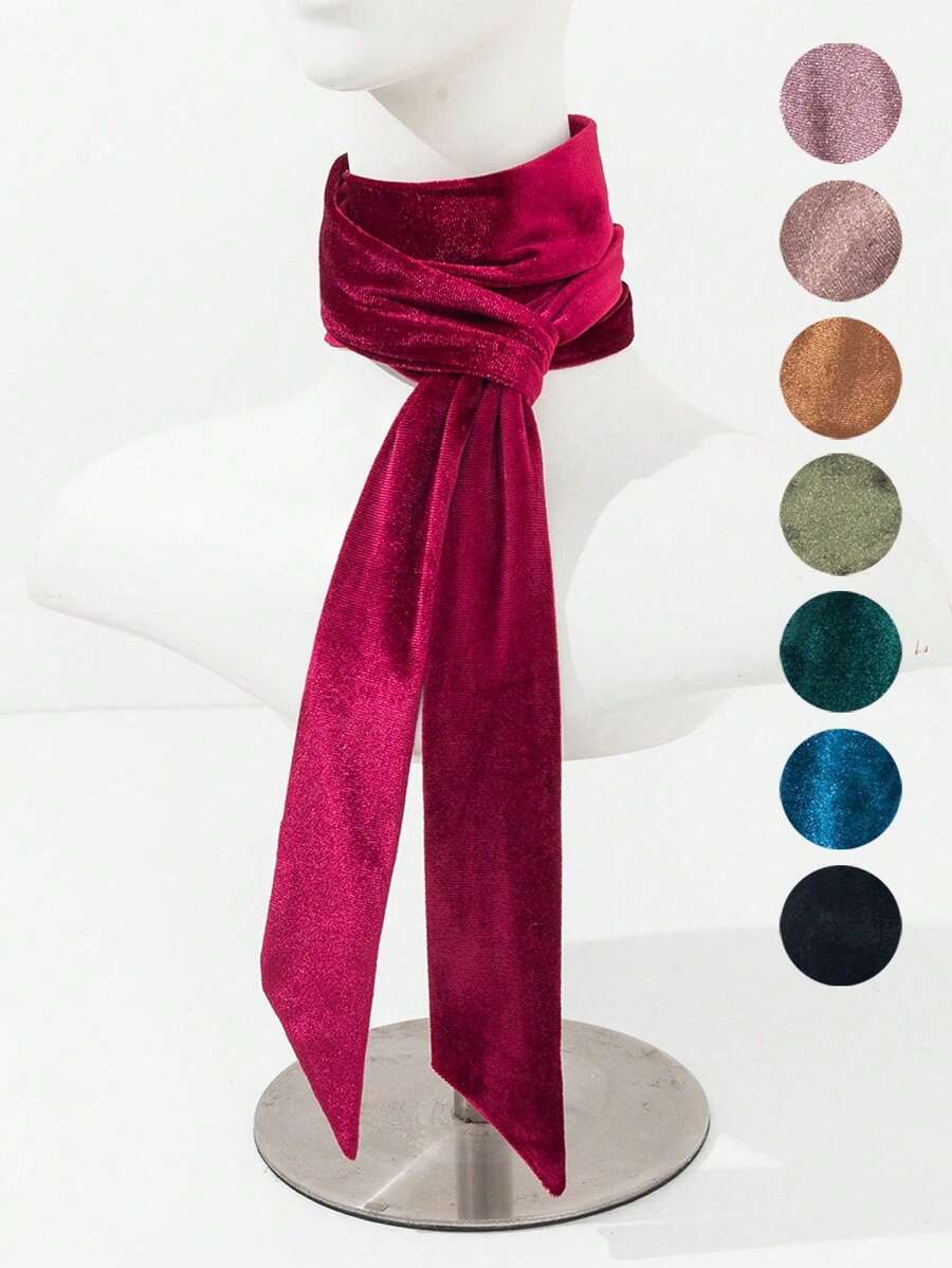 1pc Women's Elegant Velvet Satin Long Scarf, High-End Solid Color Casual Polyester Fiber - Multicolor - View 1