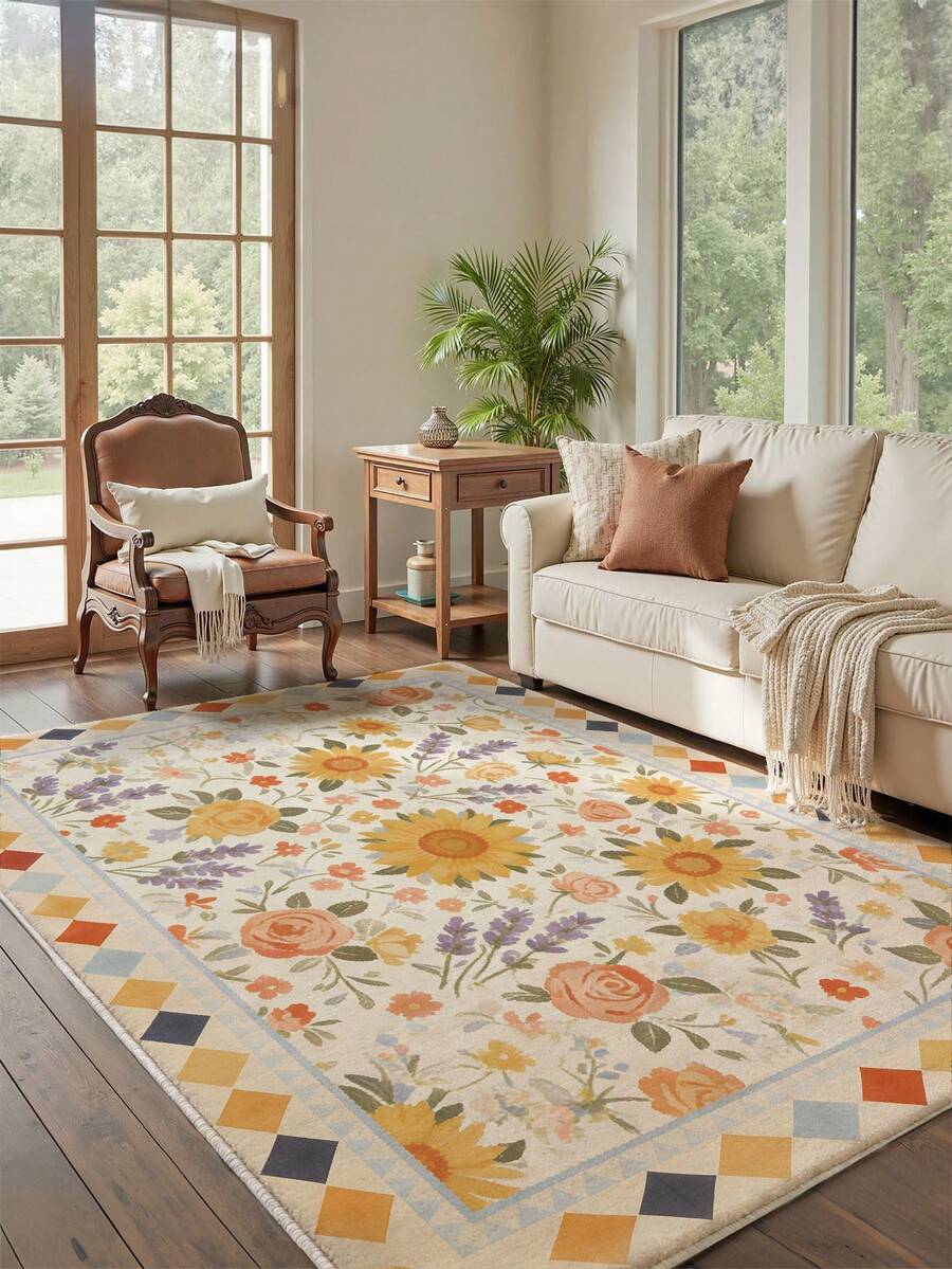 1pc Spring/Summer Large Sunflower Pattern Living Room Carpet, Made Of Soft & Comfortable Plush Material, Easy To Clean, Non-Slip Bottom Design, Suitable For Decorating Halls, Bedrooms, Bathrooms, Kitchens, Dining Rooms, Offices, And Holiday Celebrations - Multicolor - View 1