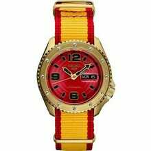 Seiko Reloj deportivo automático mecánico de hombre con caja de 24K oro, esfera roja, correa de nailon roja y amarilla, con indicador de fecha - Rojo - Ver 1