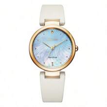 CITIZEN Đồng hồ nữ thời trang thường ngày, dây da, máy quartz năng lượng mặt trời, kiểu Hàn Quốc/Nhật Bản EM0853-22D/EM0853-14H - trắng - Xem 1