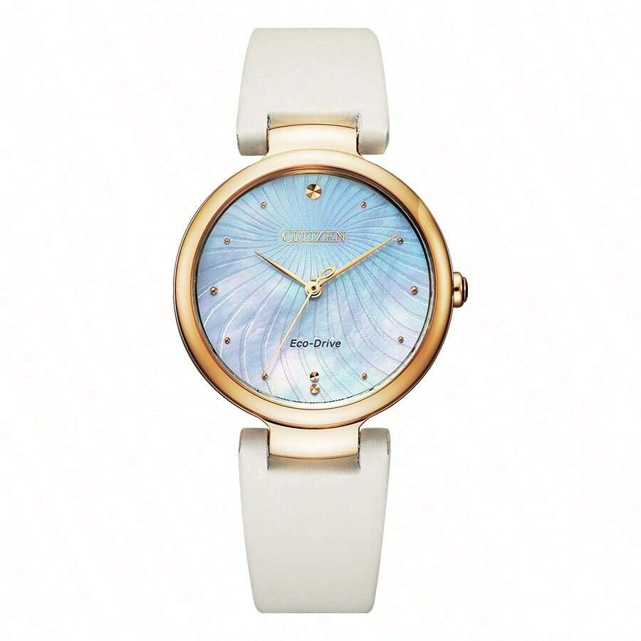 CITIZEN Đồng hồ nữ thời trang thường ngày, dây da, máy quartz năng lượng mặt trời, kiểu Hàn Quốc/Nhật Bản EM0853-22D/EM0853-14H - trắng - Xem 1
