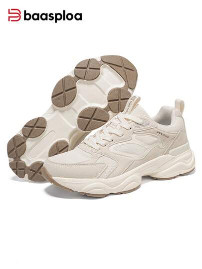 baasploa 女士休闲运动鞋，时尚休闲运动鞋，轻便公路跑鞋，户外旅行徒步运动鞋，城市中性运动鞋，时尚厚底运动鞋，轻便透气女士厚底运动鞋，女鞋，适合春秋季穿着。提供米色、白色和黑色三种颜色可选。