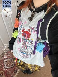 Y2K Cute Anime Girl Graffiti Print Raglan T-Shirt, Loose Fit Slimming Gray & Black Color Block Top For Women Spring Casual - Dark Gray - View 2