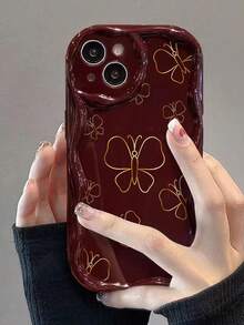 蝴蝶图案奶油色波浪边酒红色简约防震加厚手机保护壳，带印花，兼容 17/17 Pro/17 Pro Max、16 XR/7/8、15 Pro Max、12 Pro Max、13 Pro Max、14 Pro Max、13、14、11、12P、14、P11 软壳、P12 防震、XS、XR、7/8P、7/8 GES2 - 彩色 - 查看 7