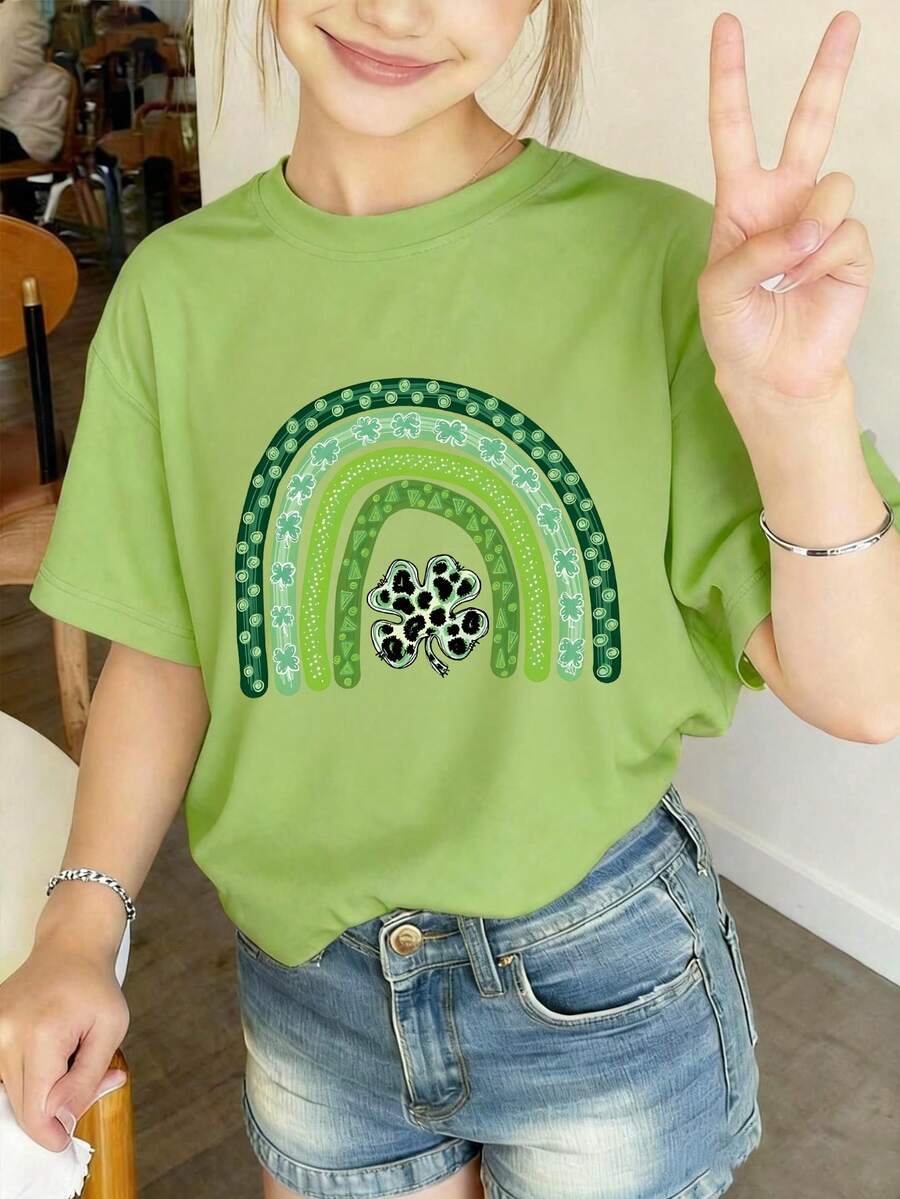 Áo thun cổ tròn in hình cỏ ba lá và cầu vồng hoạt hình ngày lễ Thánh Patrick dành cho nữ tuổi teen, kiểu dáng thoải mái, mềm mại, thích hợp cho mùa xuân/hè. - màu xanh lá - Xem 1