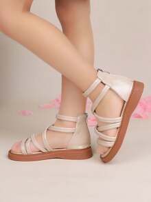 1双柔软舒适的Fufu系带凉鞋，女童罗马凉鞋，柔软皮革细带包裹，亲肤不磨脚，夏季百搭通勤休闲凉鞋，复古厚底设计，轻松展现温柔少女气息 - 米色 - 查看 4