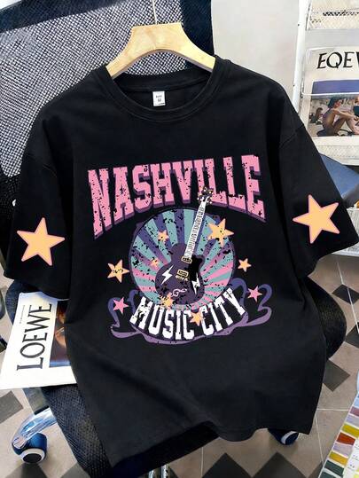 1pc Casual Loose Fit Short Sleeve T-Shirt For Teenage Girls, Tennessee Country Music Graphic Print, Sporty Round Neck Tee, Perfect Summer Gift For School And Outdoor Wear, Suitable For Spring/Summer