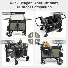 Kinder King Wagon Stroller For 4 Kids, All-Terrain Foldable Outdoor Stroller Wagon 4 Seater, Removable Canopy, Adjustable Handle, Shock-Absorbing Wheel, Detachable Tray, Large Storage, Dark Green - Dark Green - View 5