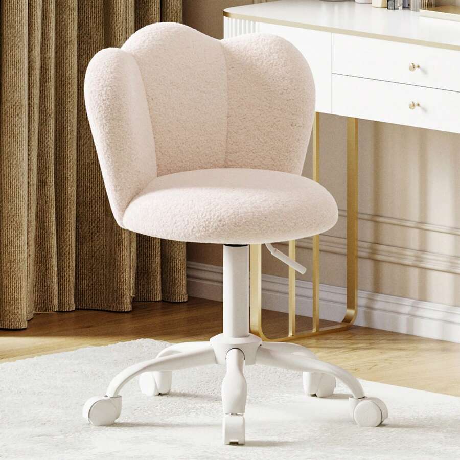 Home Office Chair, Desk Chair, Height-Adjustable Vanity Chair, Swivel Chair Made Of Sherpa Leather, Thickened Cushion (Up To 150kg) For Study, Bedroom, Beige - 米色 - 查看 1