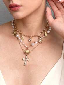 Bộ 3 dây chuyền vỏ sò, ngọc trai và vỏ bào ngư, kiểu dáng bãi biển, phù hợp cho nữ giới đeo hàng ngày. - Vàng - Xem 10