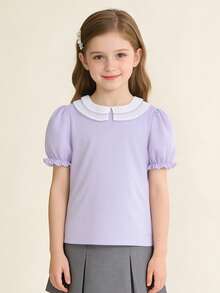 Balabala Camiseta de manga corta con cuello Peter Pan y mangas abullonadas para niña, dulce y linda - rosa morado - Ver 2
