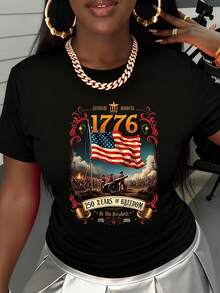 Camiseta Casual de Mujer de Manga Corta 1776, Diseño Patriótico con la Bandera Americana para el Día de la Independencia y 250 Años de Libertad, Ideal para Eventos de Celebración - Negro - Ver 2